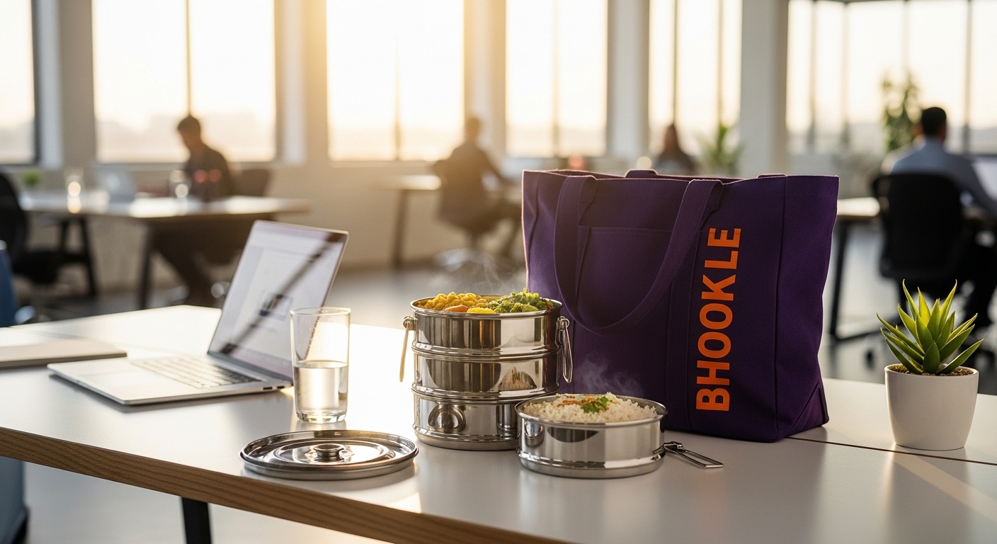 Bhookle dabba and branded bag on a corporate office desk