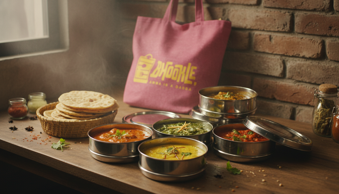 Several open Indian tiffin dabbas with fresh food